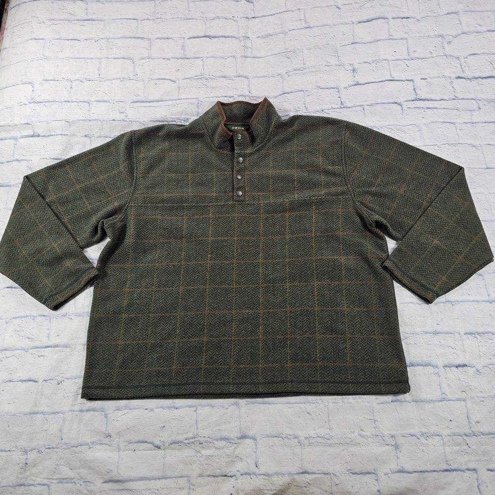 Orvis Green Mountain Fleece Pullover MENS XXL Green Plaid Herringbone Snap Neck